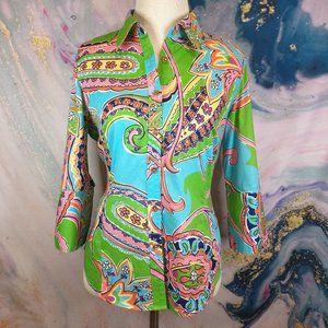 LILLY PULITZER colorful paisley button down - 3/4 slv rainbow cotton shirt / top